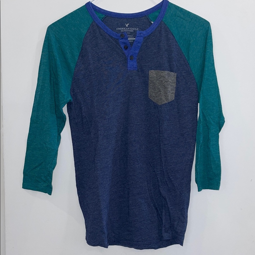 American Eagle Outfitters Teal and Navy Henley Baseball Tee